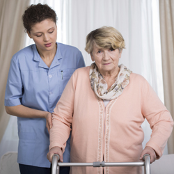 Female carer assisting senior woman with walking frame