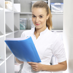 Health care worker in a hospital storeroom