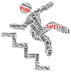 A safety at work concept using work safety words in the shape of a man falling downstairs
