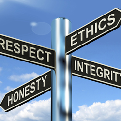 Signpost reading ethics, respect, integrity and honesty